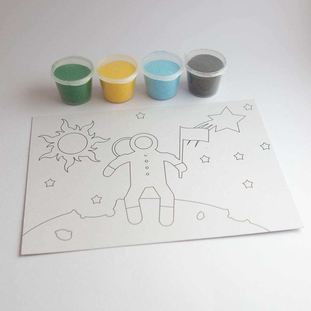 - Astronaut Art Sand Card : such a fun activity to do with little hands...make a perfect sand card with the yellow, green black sand provided in the box that they will be able to keep as a souvenir.